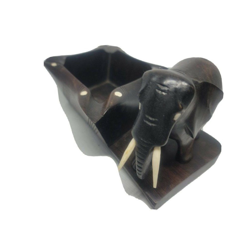 ELEPHANT | Hand Carved wood sculpture w/Tusks Dark wood with attached Dish